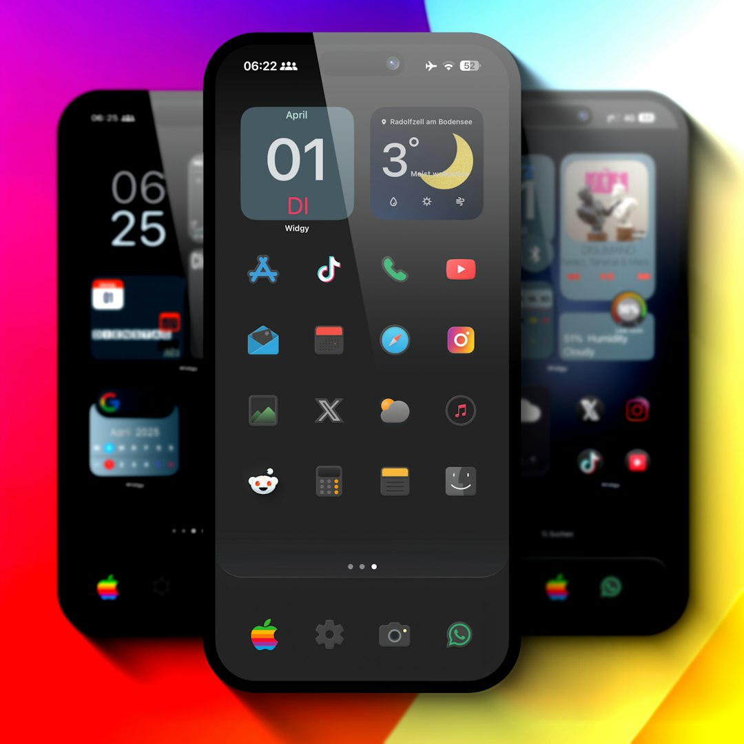 three phones with customizable home screens smartphone icons app migration 2fa setup