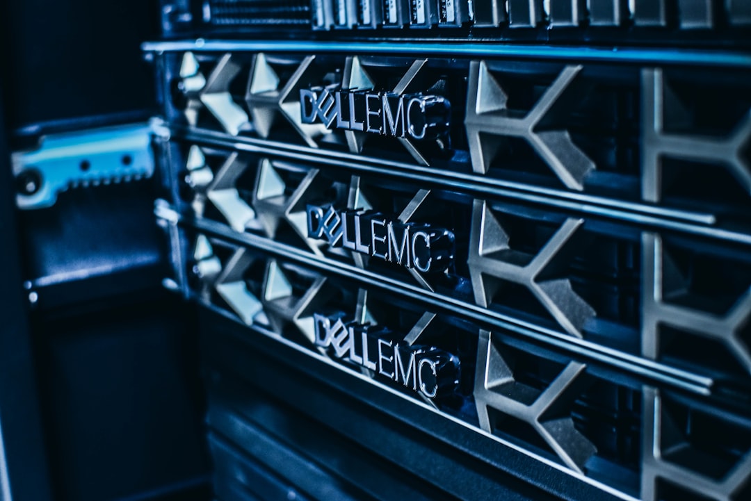 a close up of a servers nameplates on the side of a server racks data center blue lighting hosting infrastructure