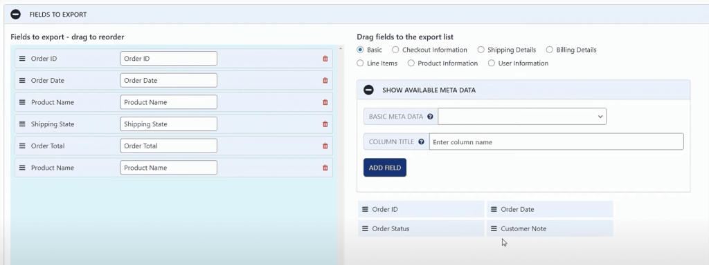 Feature "Fields to Export" with WooCommerce export orders plugin