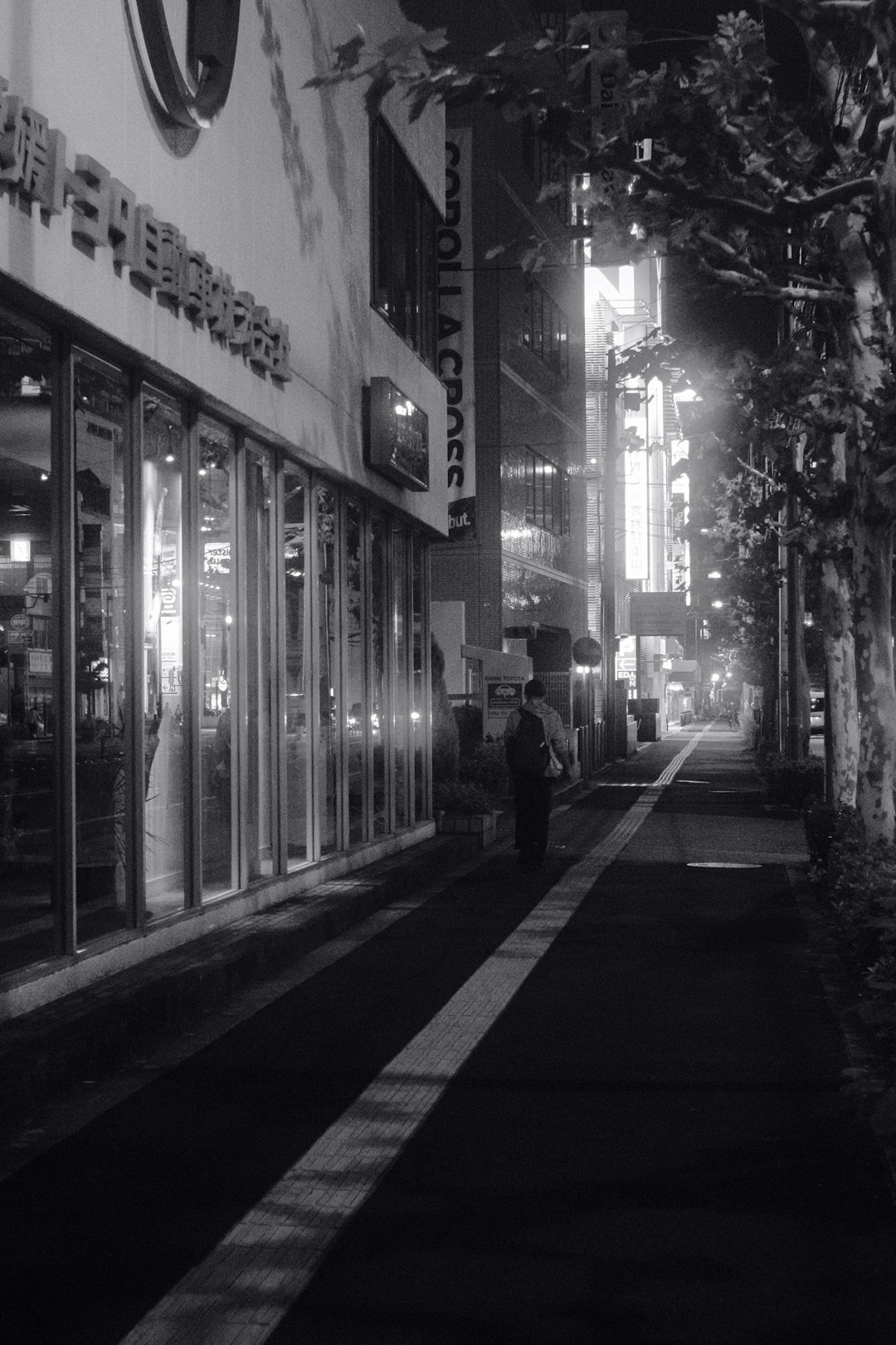a person standing on a street corner video styles anime effect black and white movie