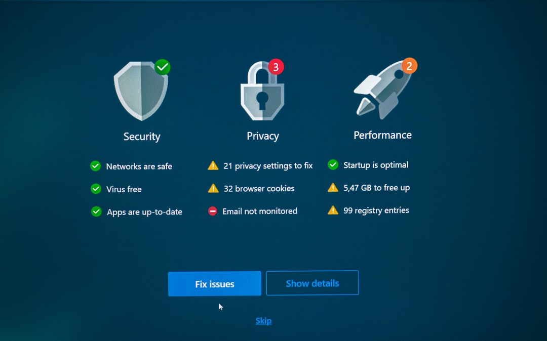security privacy and performance status with fix options firewall settings antivirus software nvidia