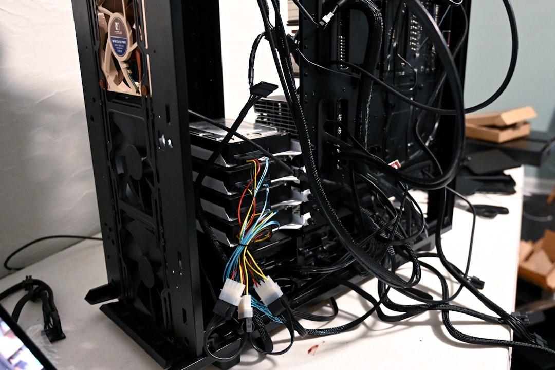 black and white electric wires server room computer maintenance technology support