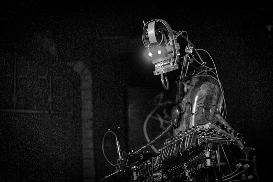 grayscale photo of motorcycle in a dark room horror movie script artificial intelligence digital screenwriting