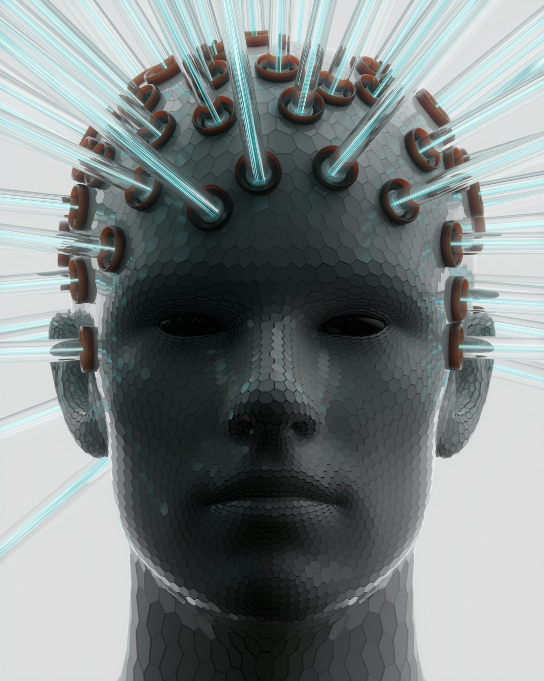 man with electrodes on head emitting light beams brain scan neural network artificial intelligence