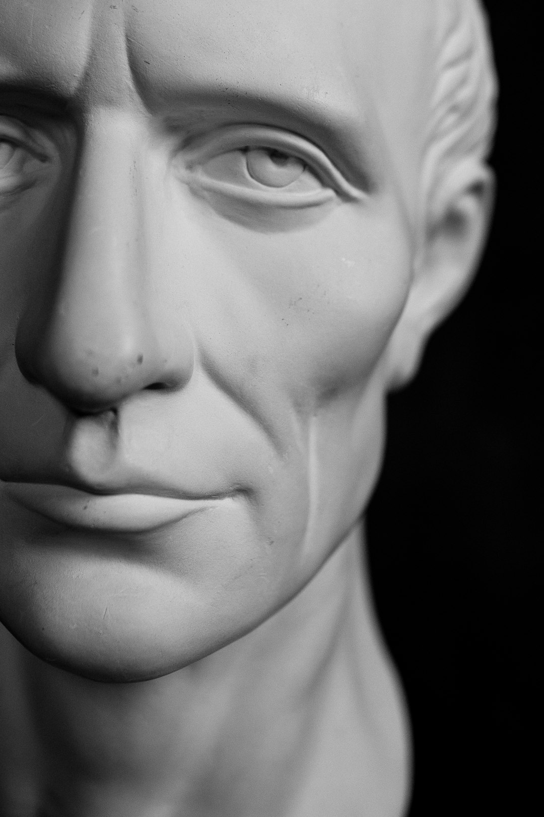 plaster bust of a mans head against black background before after caricature comparison exaggerated facial features cartoon transformation process digital art stages