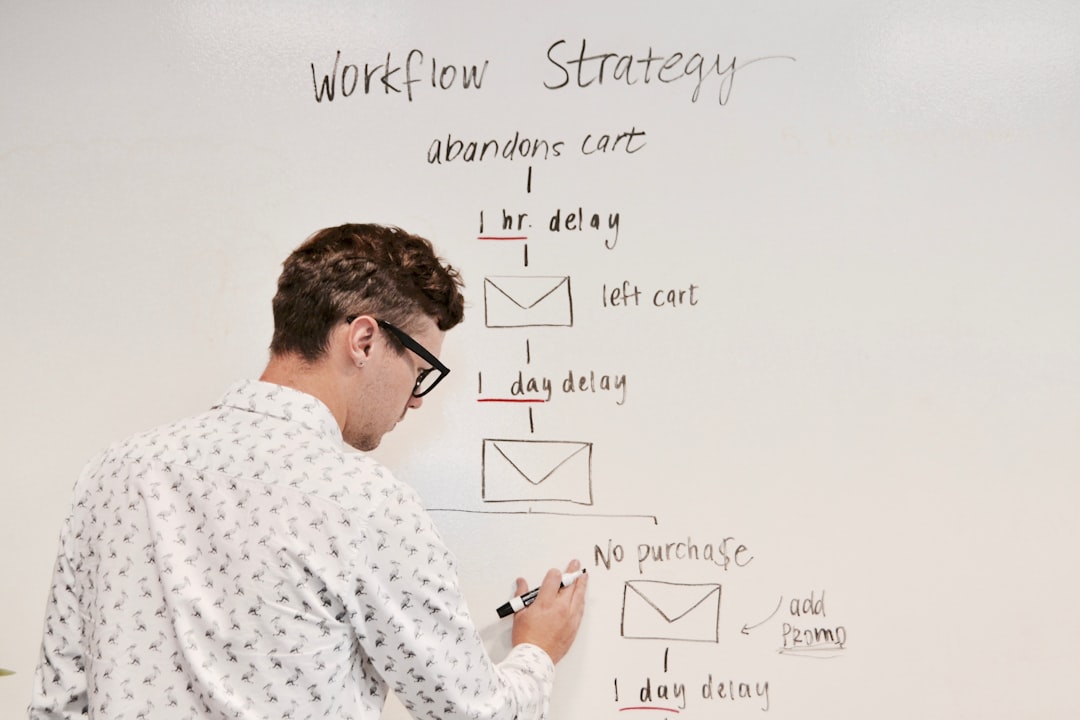man writing on white board marketing automation workflow flowchart digital planning